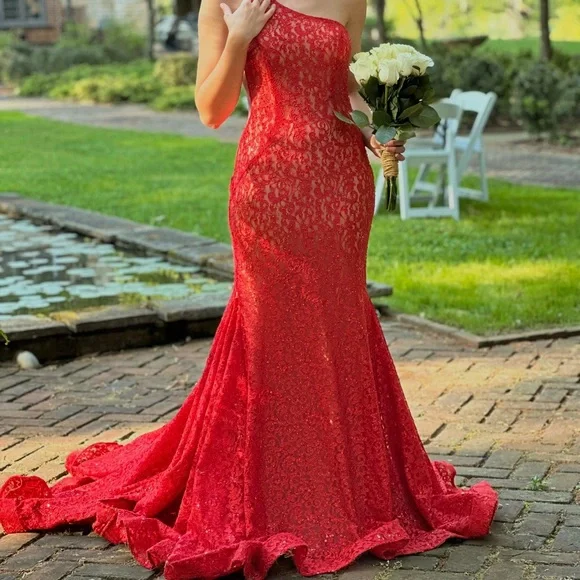 Jovani | Dresses | Jovani Red One Shoulder Mermaid Sequin Beaded Lace Prom  Gown | Poshmark